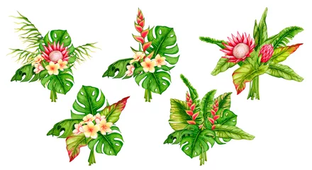 Fotobehang Tropische Bladeren Set of bouquets of tropical leaves and flowers. Watercolor compositions. Realistic botanical illustration. Design of invitations, posters, postcards, greeting cards, stationery, fabric printing, etc.  © Alyona Pugachova
