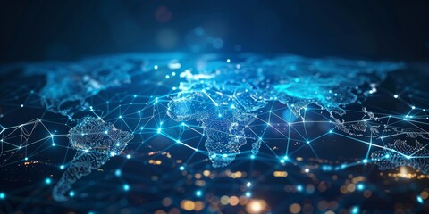 Obraz premium A digital map of the world with glowing connections between cities, representing global connectivity and data transfer across borders in an internet network concept