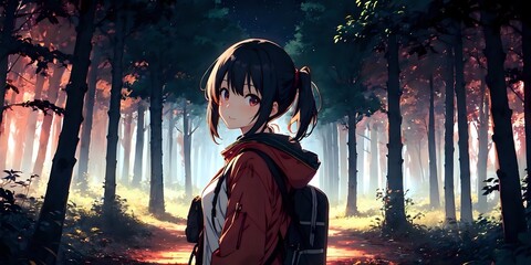 Anime girl on a forest background, travel, background