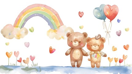 Obraz premium Romantic Teddy Bear Couple Under Rainbow and Hearts Balloons in Lush Meadow
