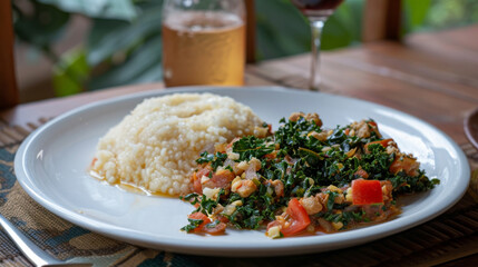 Traditional kenyan staple foods with ugali and sukuma wiki, paired with drinks, on a rustic wooden table setting