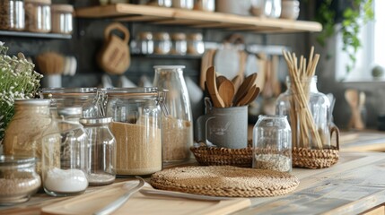 Zero waste lifestyle demonstration in a household, focusing on reusable and biodegradable products.