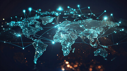 Global business network with world map and connecting flight paths