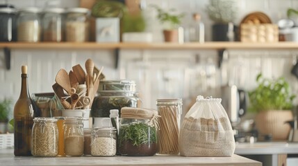 Zero waste lifestyle demonstration in a household, focusing on reusable and biodegradable products.