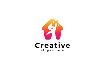 logo of a child reaching for a star with a happy face, dream vector logo design with house shape in modern color gradient design style