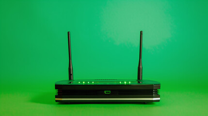 Fototapeta premium a green internet router or modem on green background to connect with wifi home network and surround with green background
