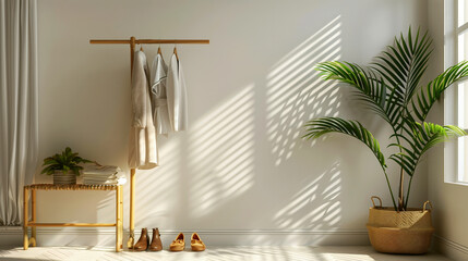 Elegant interior scene featuring a wooden clothes rack with garments, a plant in woven basket, and sunlight creating a pattern on the wall.
