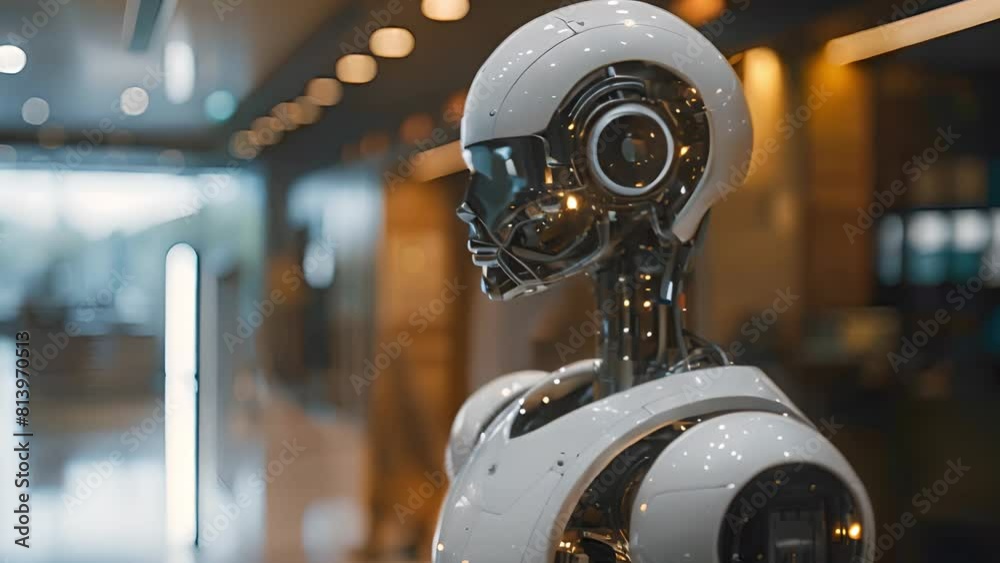 Poster A robot stands in front of a modern building, showcasing the merging of technology and architecture.