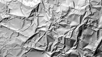 Close-up view of a crumpled aluminum foil texture with detailed wrinkles and highlights.