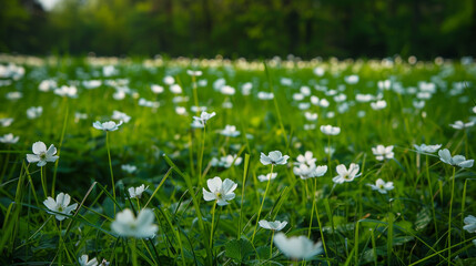 flourishing green meadow dotted with white blooms