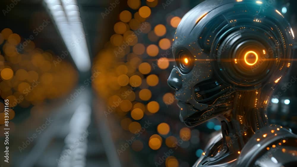 Poster a robot with glowing eyes stands in front of a brightly lit wall of lights, casting an eerie yet cap