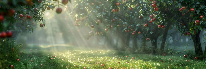 Misty Morning at the Orchard: An orchard whispers secrets in the mist, revealing the slow ripening of fruits at dawn