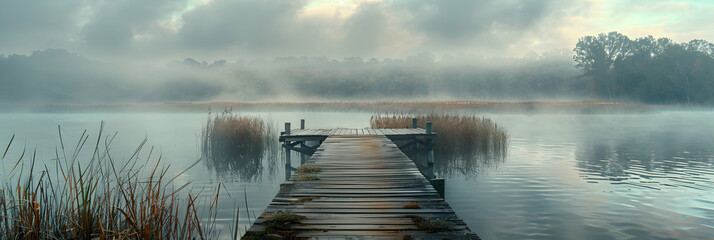 A fishing pier stands quietly in the mist   a perfect spot for contemplation and early catches