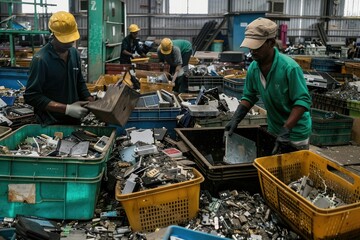 Workers sorting through electronic waste for valuable materials