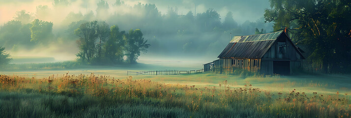 A serene morning on the farm: A rustic countryside enveloped in mist captures the tranquility of a new day awakening