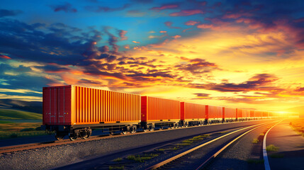 A vibrant image of a freight train with red cargo containers traveling through a scenic landscape at sunset.