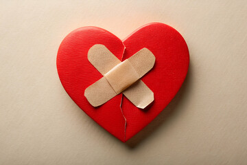 Healing Heart: Broken Heart Icon Pieced Together with Band-aids Against Soft Beige Background