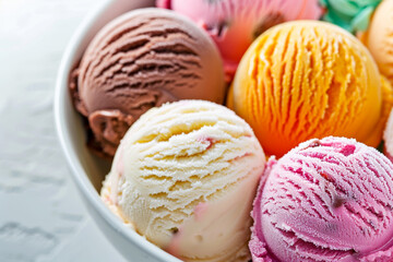 A bowl of colorful ice cream scoops against a white background,