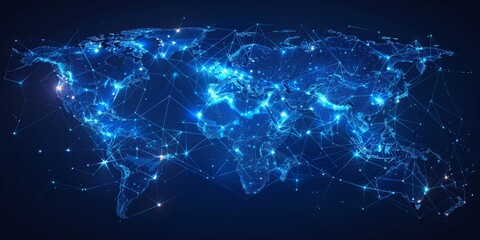 A map of the world with glowing connections between different countries, symbolizing global connectivity and digital network, highlighting China's presence in South Asian region on