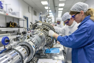Technicians in cleanroom suits assembling sophisticated satellite components in a high-tech aerospace facility