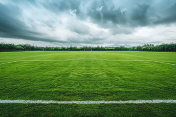 Obraz premium Expansive lush green soccer field under a stormy sky, conveying a mood of calm before a storm.