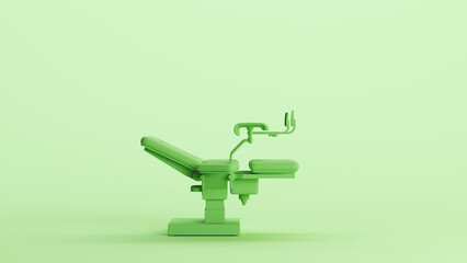 Green gynaecology obstetrics chair specialist women's health equipment medical mint background side view 3d illustration render digital rendering