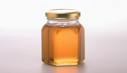 Sweet golden honey in glass jar isolated on white background. Organic and healthy food.