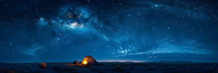 Cosmic Camping: Campers under a Starry Sky Enjoying Stories and Campfire Glow in Photo Realistic Adventure Concept