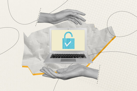 Composite photo collage of hand show unlock macbook device hacker cyberattack spyware decode soft success isolated on painted background