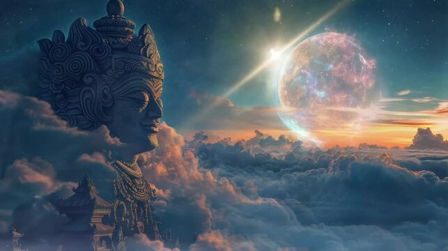 
a very beautiful statue of a Hindu god that is above the clouds when the moon is full. seamless looping time-lapse virtual 4K video Animation Background.