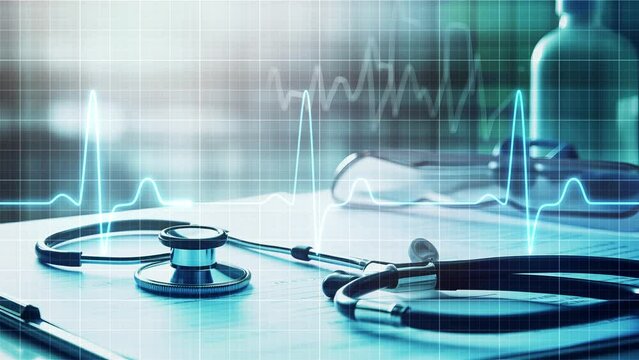 聴診器の背景に心電図のループ映像