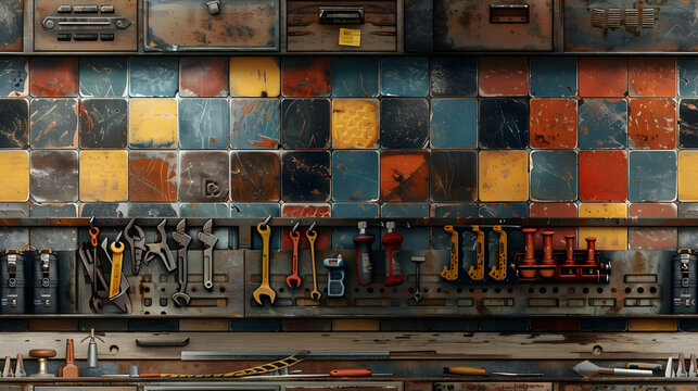 Photo realistic toolshed workshop tiles concept designed with a DIY theme fathers enjoy   Adobe Stock photo concept