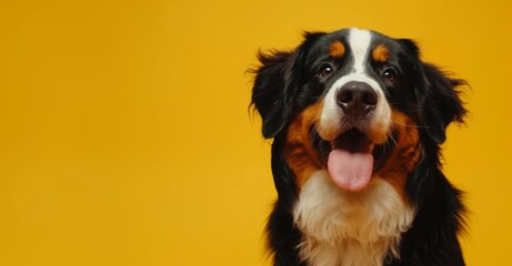 Cute dog sits in the background, space for text
