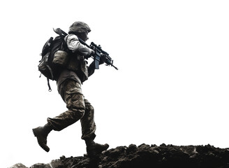 Soldier leaping with gun during combat drill