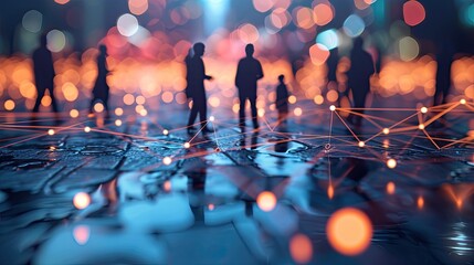 silhouetted figures connected by glowing lines on a dark blue background, concept of network or social connectivity