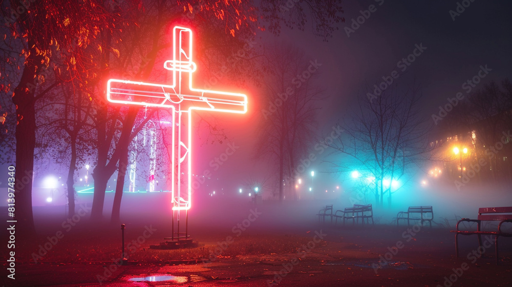 Wall mural A Christian cross made of neon lights standing in a misty urban park at night, glowing brightly against the soft fog and ambient city lights. - Wall murals