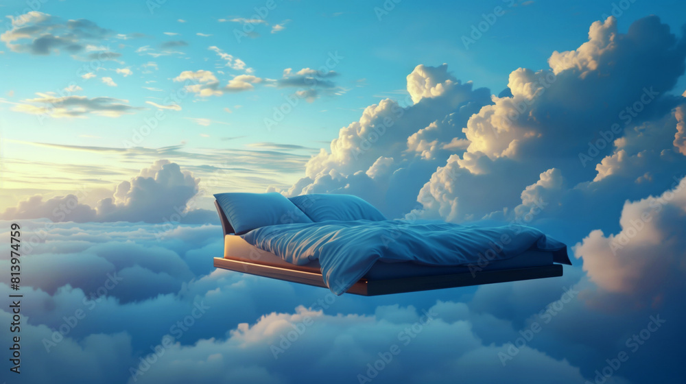 Sticker a floating bed with blue bedding set above scenic fluffy clouds during sunset.