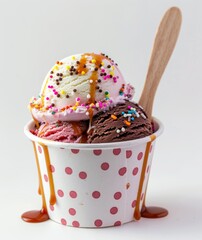Vanilla ice cream ball with caramel sauce and colorful sprinkles. Ice cream in a wooden cup with a wooden spoon