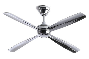 A sleek chrome ceiling fan with a high-speed motor and reversible blades isolated on a solid white background.