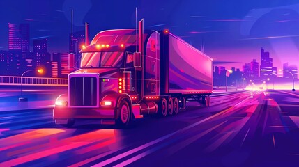 Colorful digital artwork of a semi-truck driving on a vibrant city highway during nighttime.