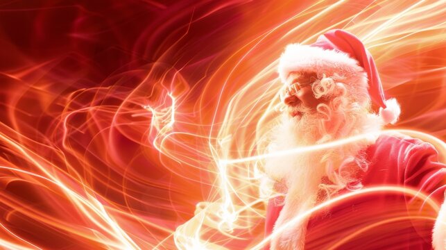 Santa Claus standing in front of a fiery flame background