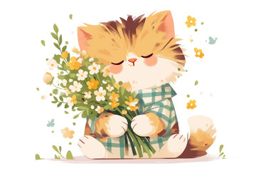 American Bobtail, cute cartoon character with bouquet, single object, Di-Cut png style, isolated on white background