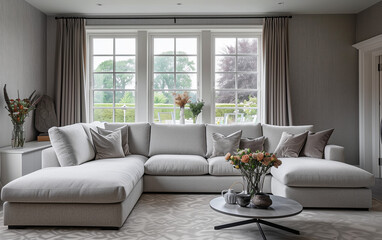 Fototapeta premium Living room with large L-shaped sofa in light gray fabric