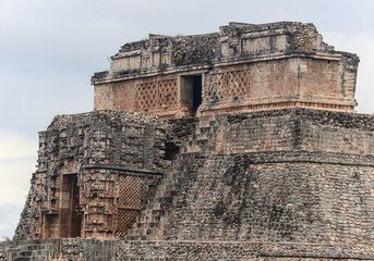 pyramid of the magician at the mayan site of uxmal (Piramide del Adivino) maya archaeology yucatan mexico (world heritage decor decorative detail top of historic building)