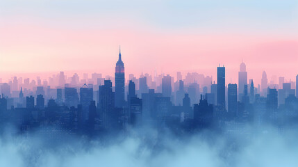 Cityscape in Morning Mist: Urban Skyline  Nature Mystery   Flat Design Icon Illustration