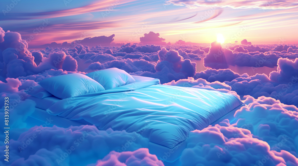 Wall mural A serene dreamscape featuring a plush bed surrounded by fluffy clouds at sunset with vivid colors.