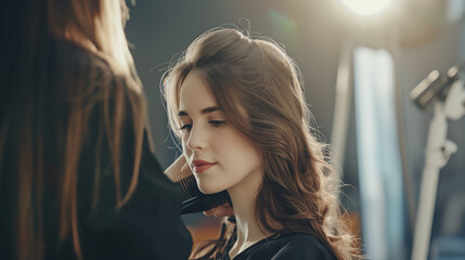 Cabeleireiro criando um lindo penteado para uma jovem estilosa com cabelos longos no moderno salão de cabeleireiro de luxo