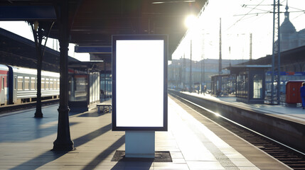 Outdoor de publicidade vertical, lightbox com tela digital vazia na estação ferroviária. Publicidade em cartaz branco em branco, quadro de informação pública fica na estação