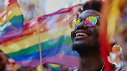 A candid moment capturing the essence of LGBTQ+ celebration, where joyous laughter and vibrant flags fill the frame