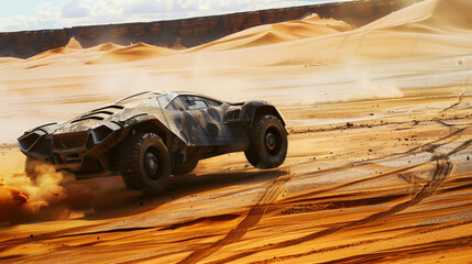 A futuristic armored vehicle speeds across a stark desert landscape, kicking up a trail of sand.